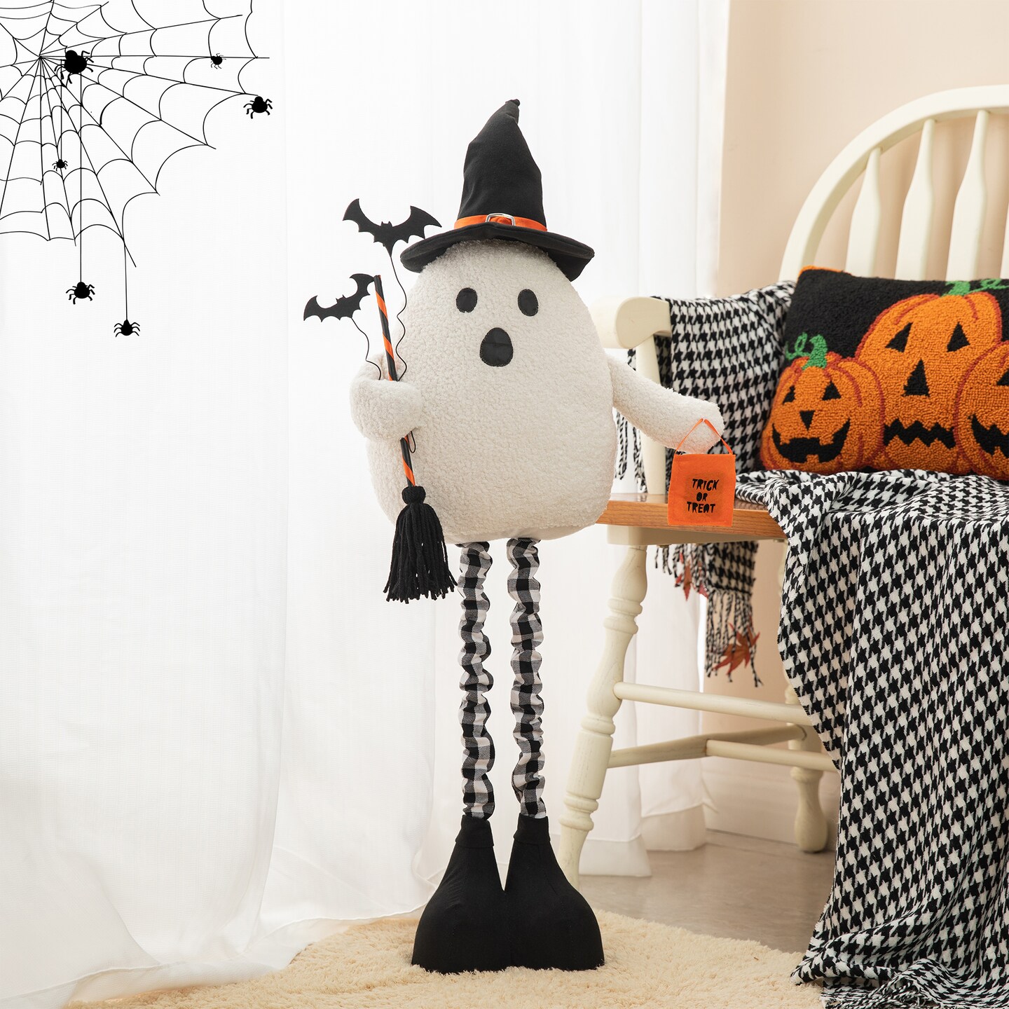 Set of 2 38&#x22;H Lighted Halloween Fabric Ghost Standing Decor, With Telescoping Legs and Timer