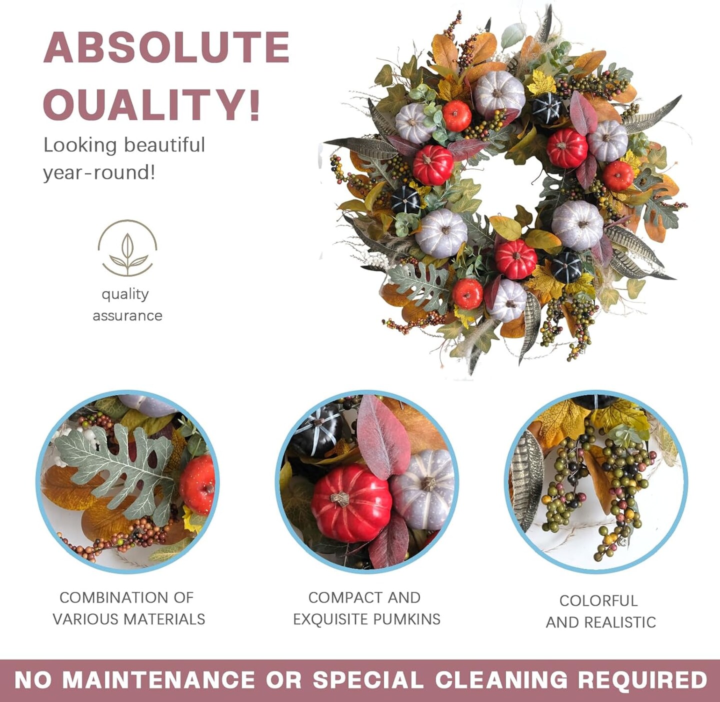 24 Inch Fall Wreath Artificial Pumpkin &#x26; Grain Decor - Handcrafted Harvest Thanksgiving Wreath