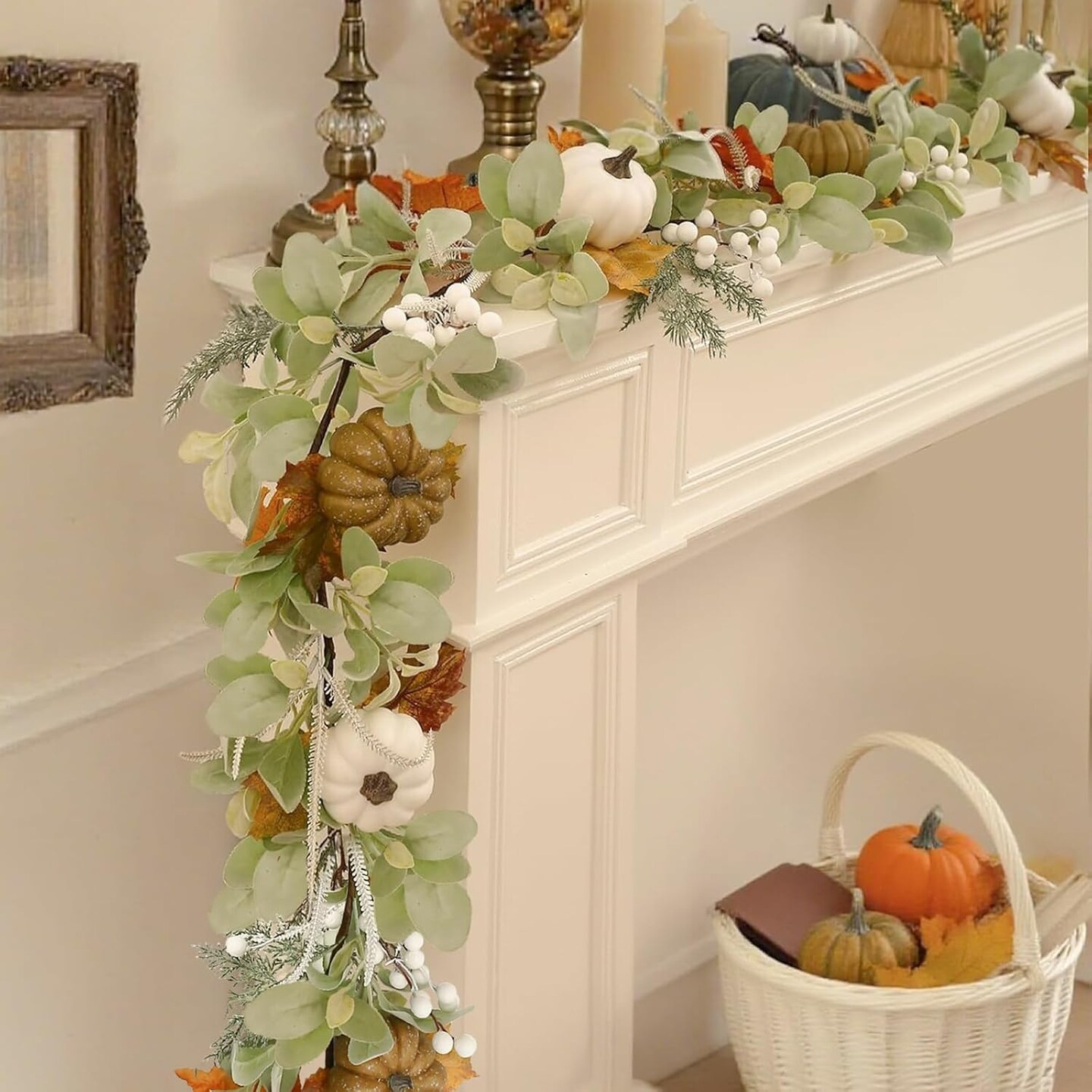 Fall Leaf Garland for Mantle Decor, 6ft Greenery Lambs Ear Leaves Garland(Green)13.35 x 13.19 x 3.62 inches
