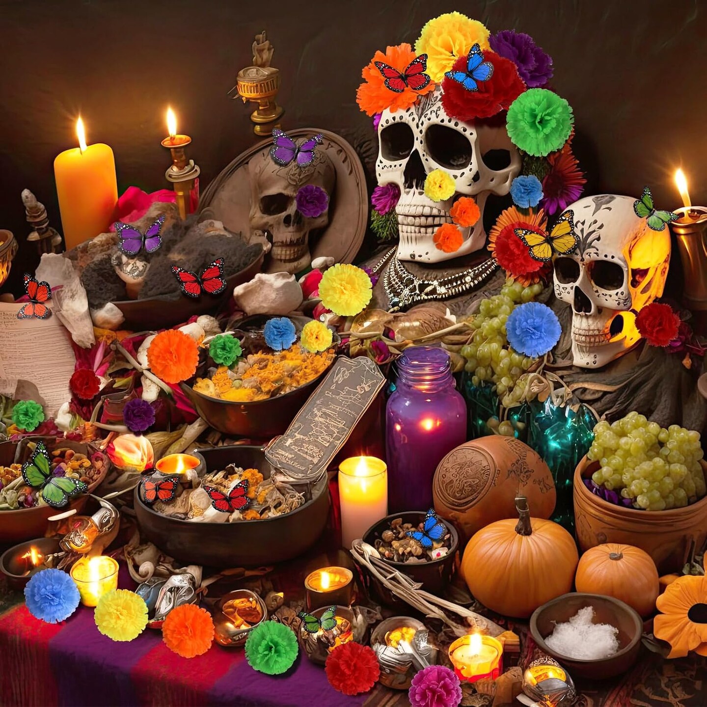 90 Pcs Day of The Dead Decorations Marigold Flower (Multicolor) 11.02&#x22;D x 11.02&#x22;W x 1.57&#x22;H