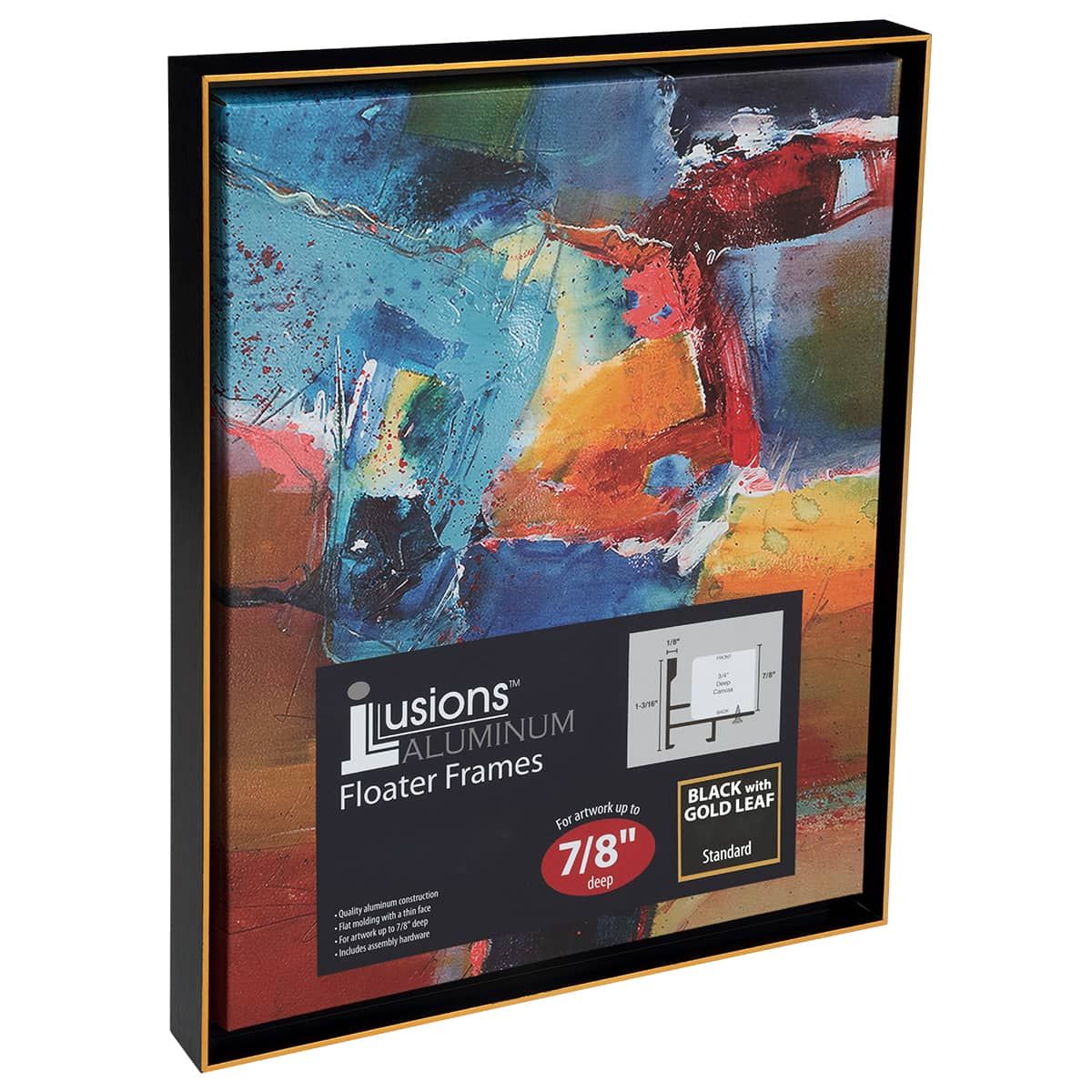 Creative Mark Illusions Aluminum Floater Frames 7/8", 8x10" Black/Gold - No Glass or Backing - Canvas Floater Frames with Sleek Metal Exterior, Flat Molding & Assembly Hardware