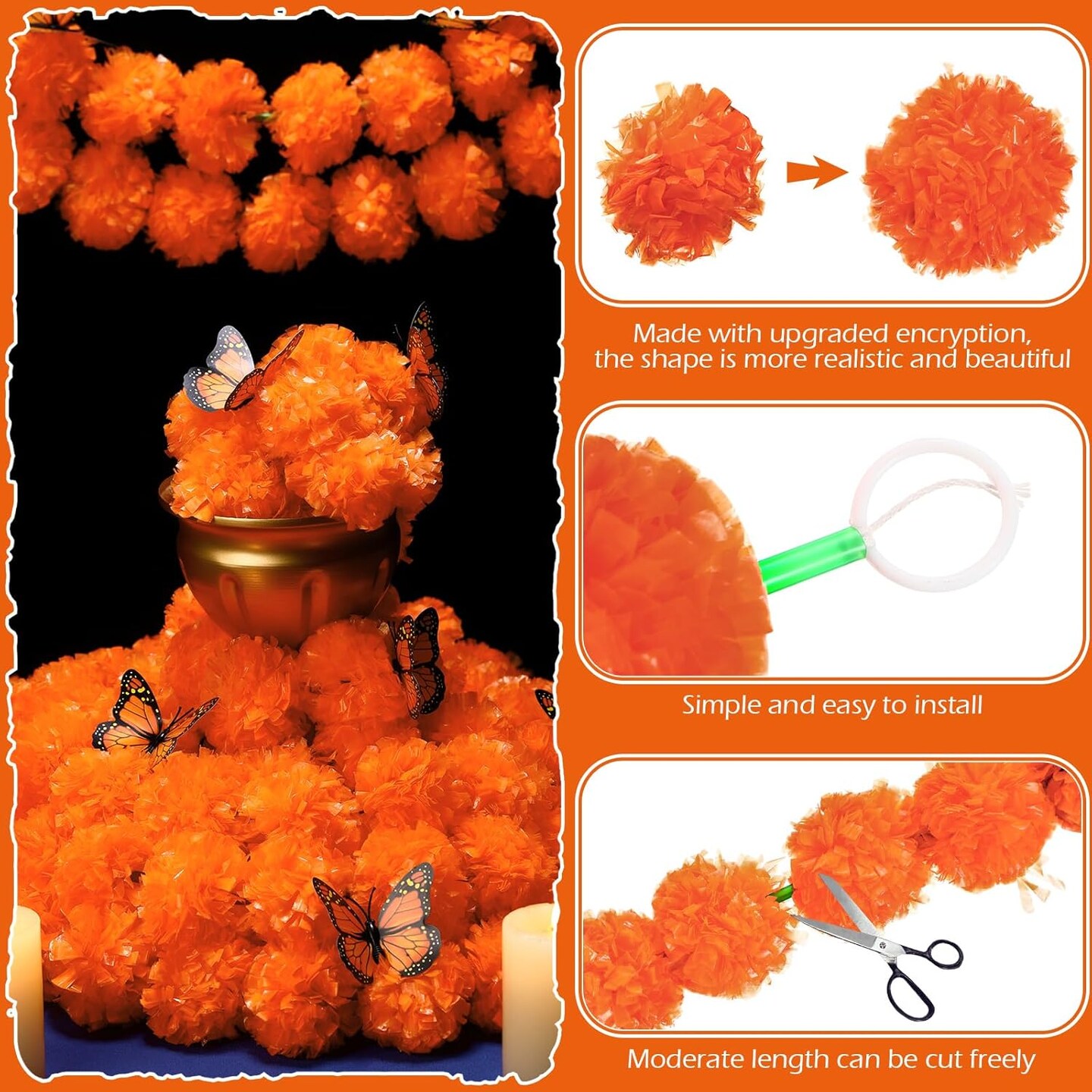 40 Pieces 5 ft Day of The Dead Marigold Garland Set (Orange)