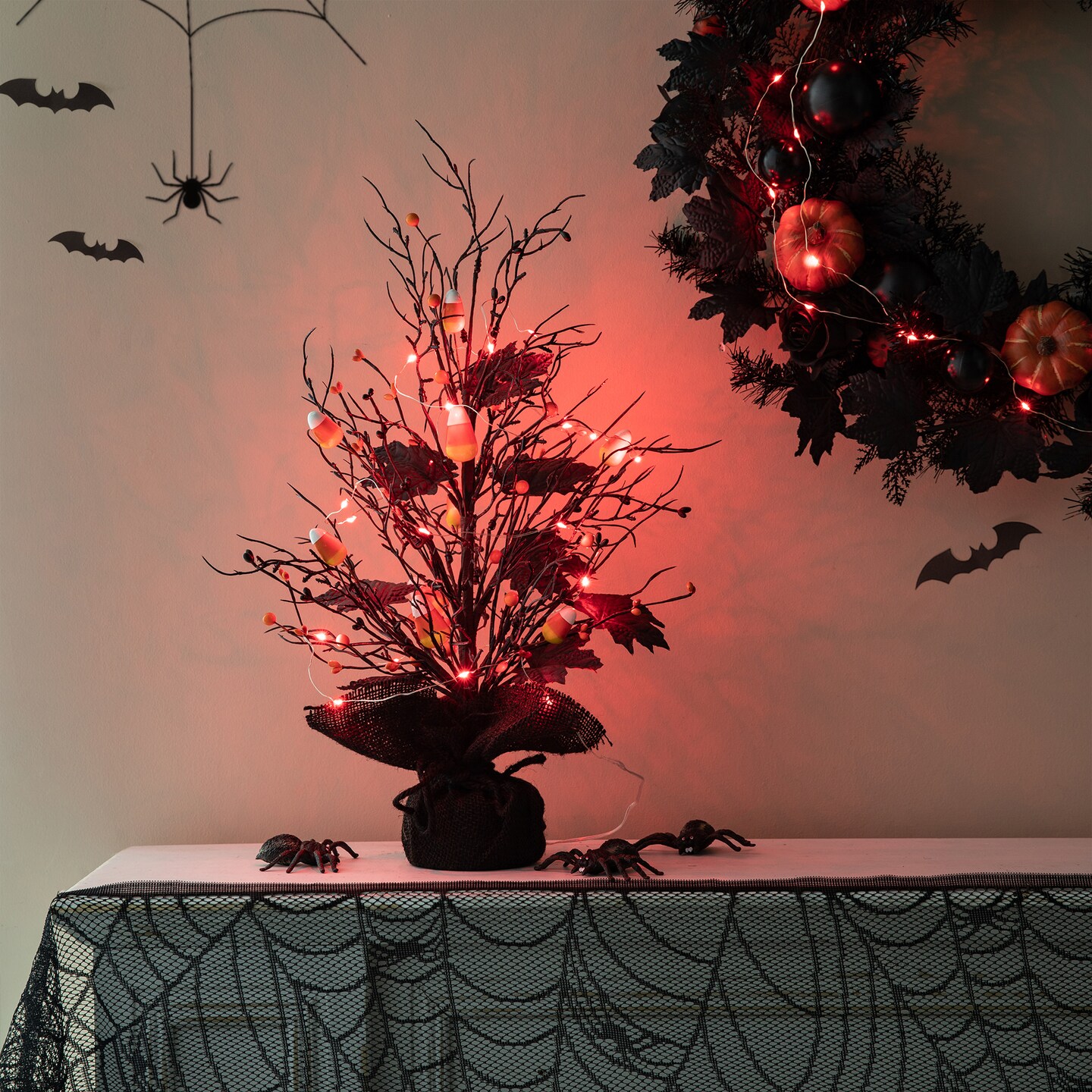 Set of 2 21&#x22;H Lighted Halloween Candy Corn Berries Table Tree