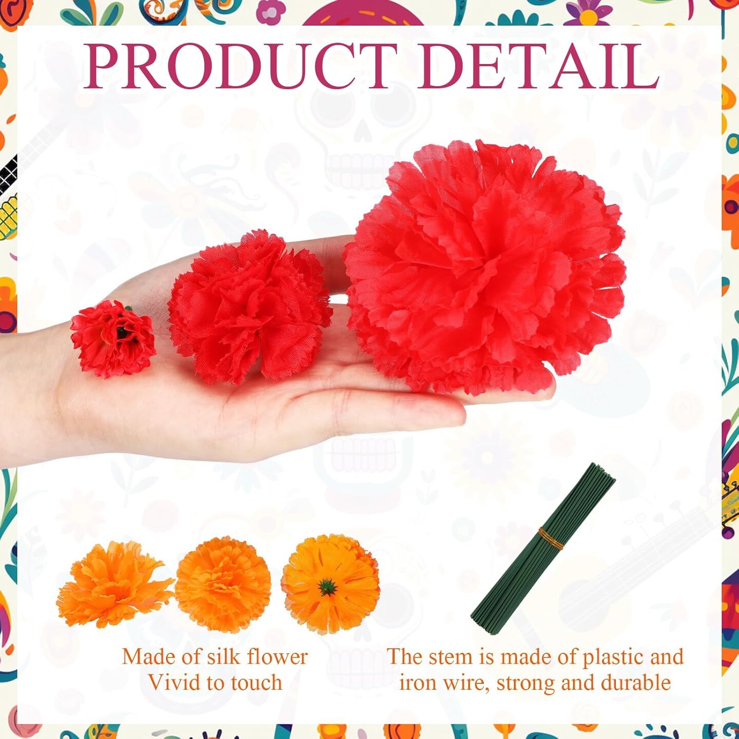 90 Pcs Day of The Dead Decorations Marigold Flower (Multicolor) 11.02&#x22;D x 11.02&#x22;W x 1.57&#x22;H