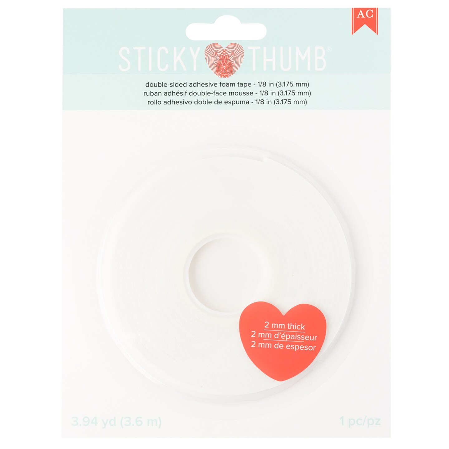 Sticky Thumb Double-Sided Foam Tape 3.94 Yards-White, 0.125"X2mm