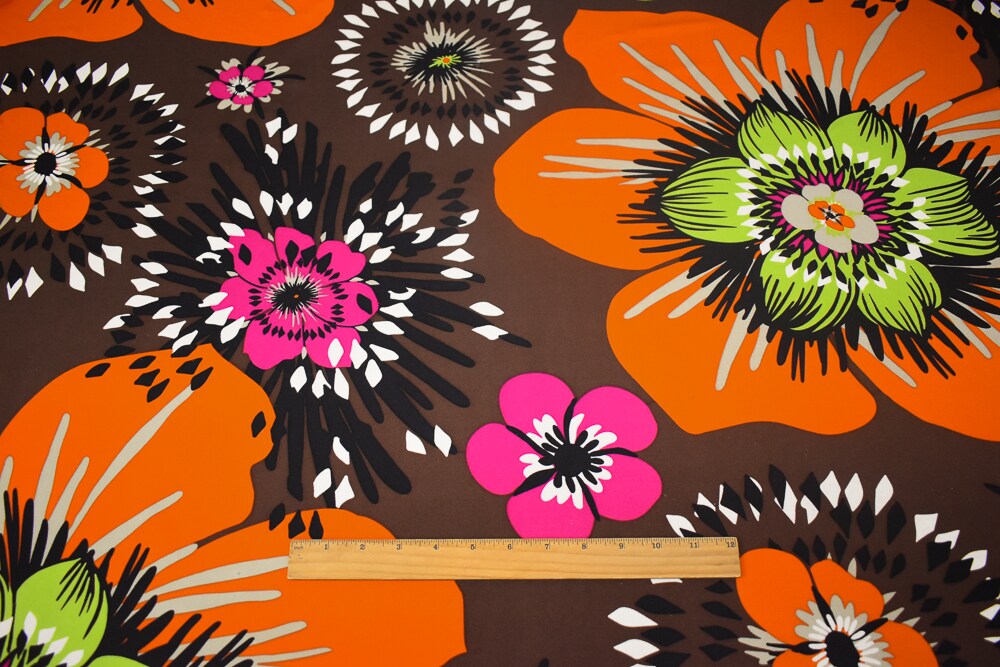 Brown-Lime-Orange-Multi Floral Printed Stretch Silk Jersey Knit Fabric By the Yard