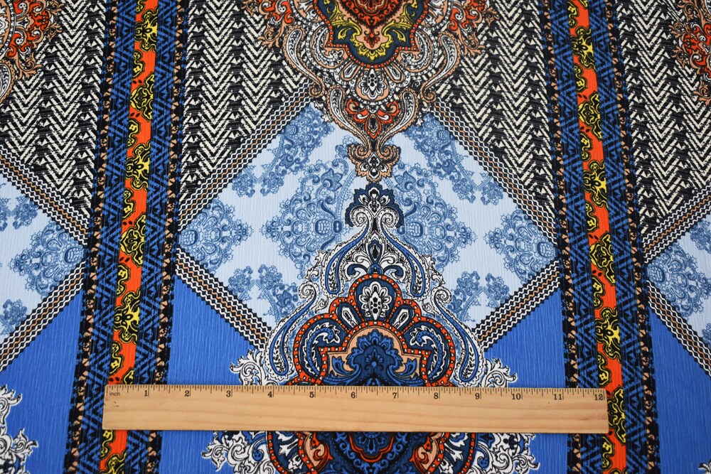Blue-Orange-Multi Baroque Printed Poly Crepe Georgette Woven Fabric By the Yard