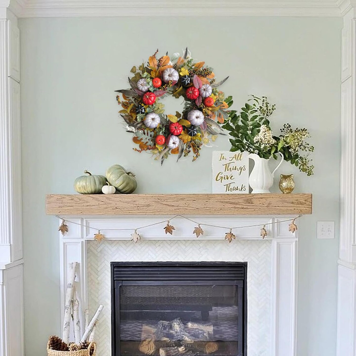 24 Inch Fall Wreath Artificial Pumpkin &#x26; Grain Decor - Handcrafted Harvest Thanksgiving Wreath