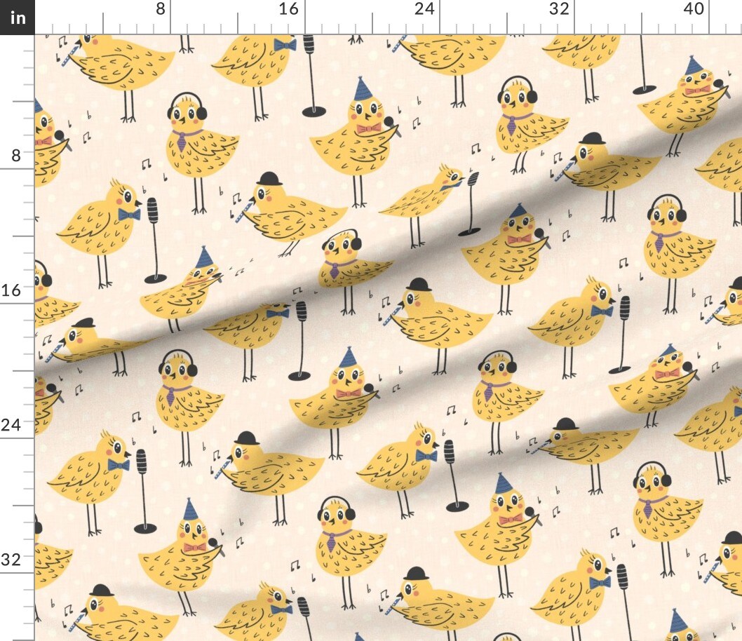 Baby Chickens Yellow Singing Microphone Animal Party Doodle Whimsical Custom Printed Fabric by Spoonflower Various Fabrics by the Yard or Fat Quarter
