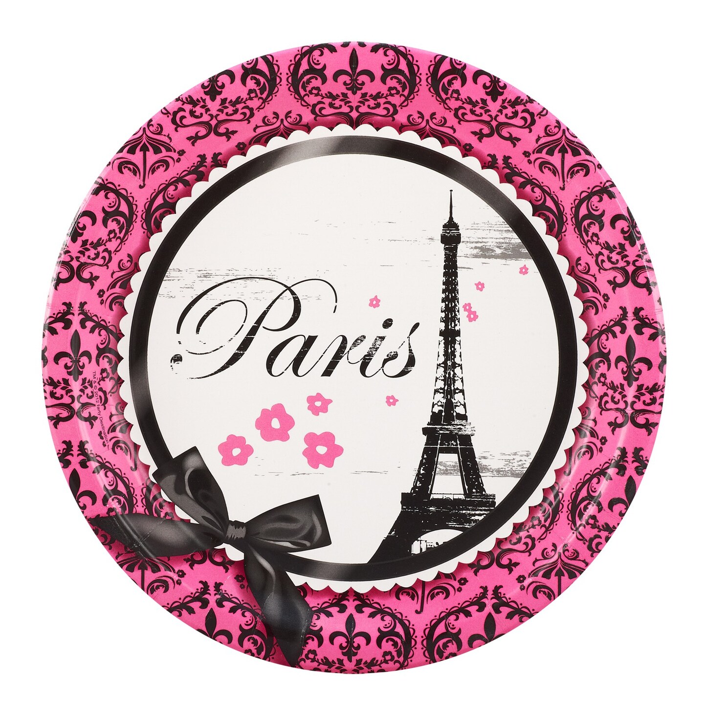 Paris Eiffel Tower Pink Background with a Black Bow Edible Cake Topper Image 8in Round