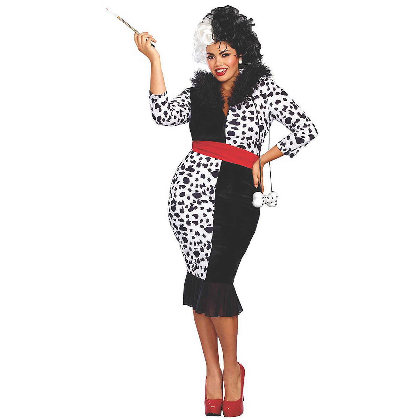 Womens Dalmatian Print Front Zip Dress Faux Fur Collar Costume