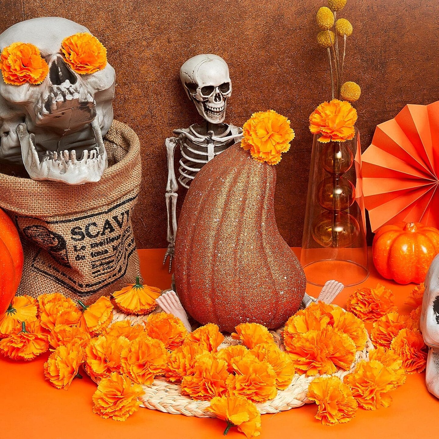 100 Pcs Halloween Artificial Marigold Silk Flowers with Stems