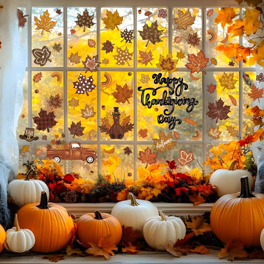 8 Sheets Thanksgiving Fall Leaves Window Clings Decals