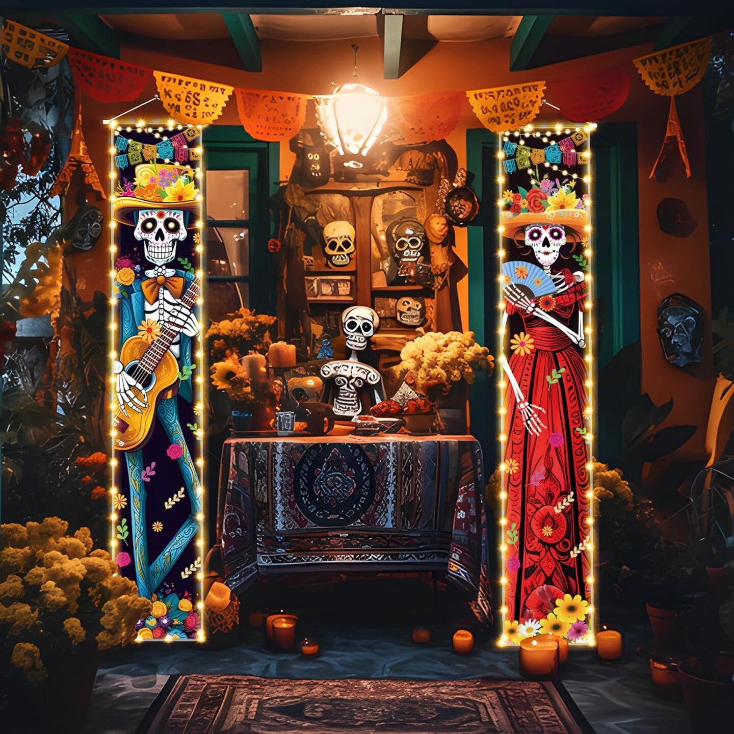 Halloween Dia De Los Muertos Lighted Porch Sign Banners