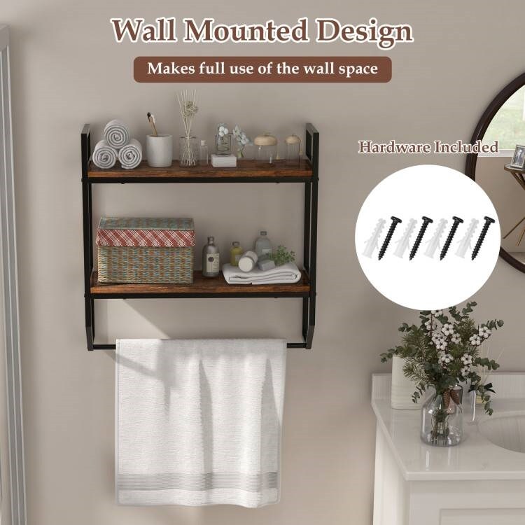Rustic Brown Wall Mounted Bathroom Shelf with Towel Bar Modern 2 Tier Over Toilet Storage Rack
