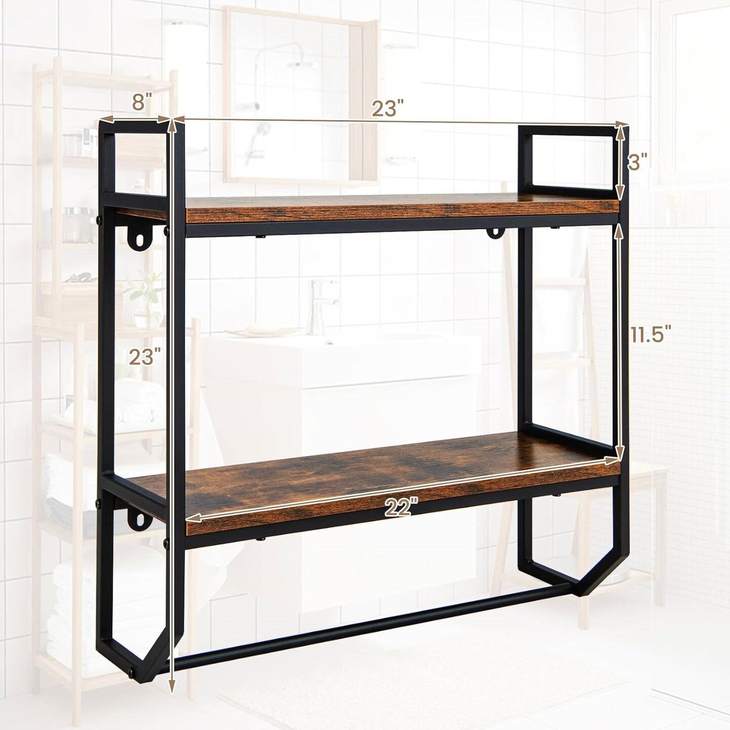 Rustic Brown Wall Mounted Bathroom Shelf with Towel Bar Modern 2 Tier Over Toilet Storage Rack