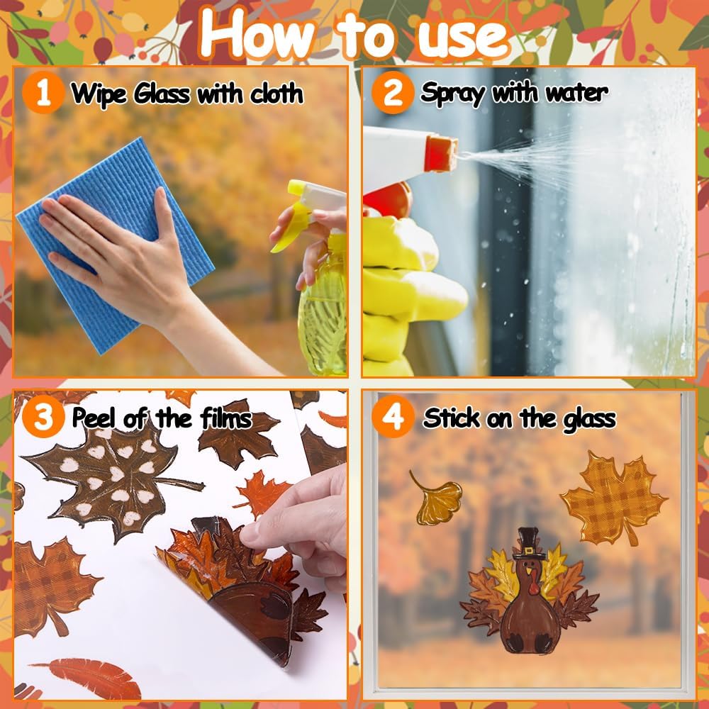 8 Sheets Thanksgiving Fall Leaves Window Clings Decals