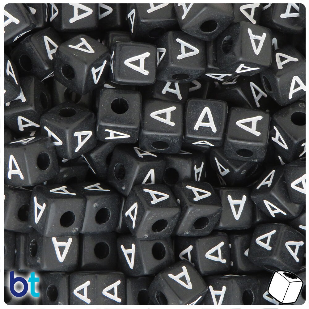 BeadTin Black Opaque 10mm Cube Plastic Alpha Beads - White Letter A (20pcs)