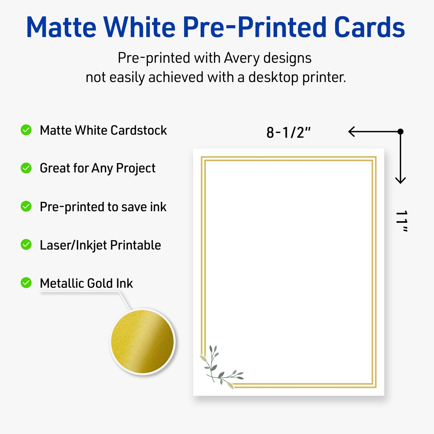 Avery Printable Full-Sheet Cardstock, Gold Double Border with Florals, 8.5&#x22; x 11&#x22;, Matte White Full-Sheet Cardstock, Laser/Inkjet, 10ct, Great for Craft Cardstock Paper