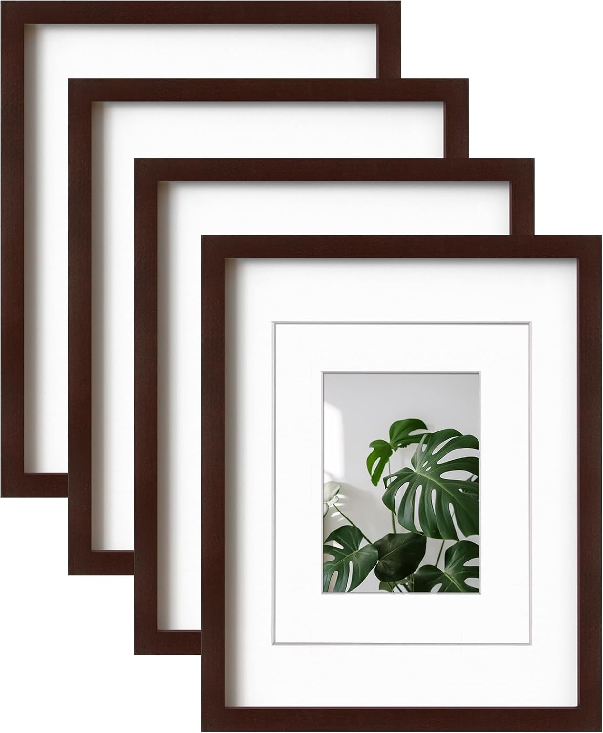 Set of 4 Solid Wood 11×14 Picture Frames in Walnut Finish with Plexiglass, Display 5×7 or 8×10 with Mat or 11×14 Without Mat, Suitable for Tabletop or Wall Display