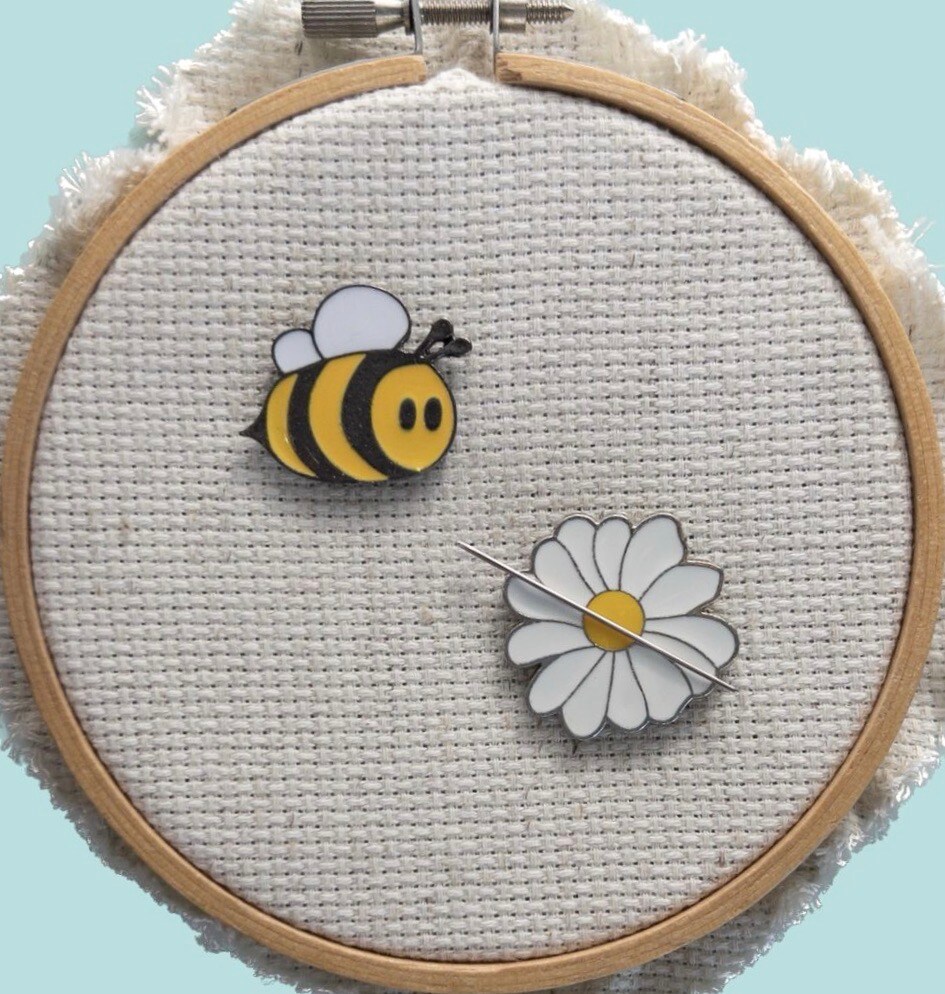 Bee and Daisy Enamel Needle Minders, Flower Fridge Magnet