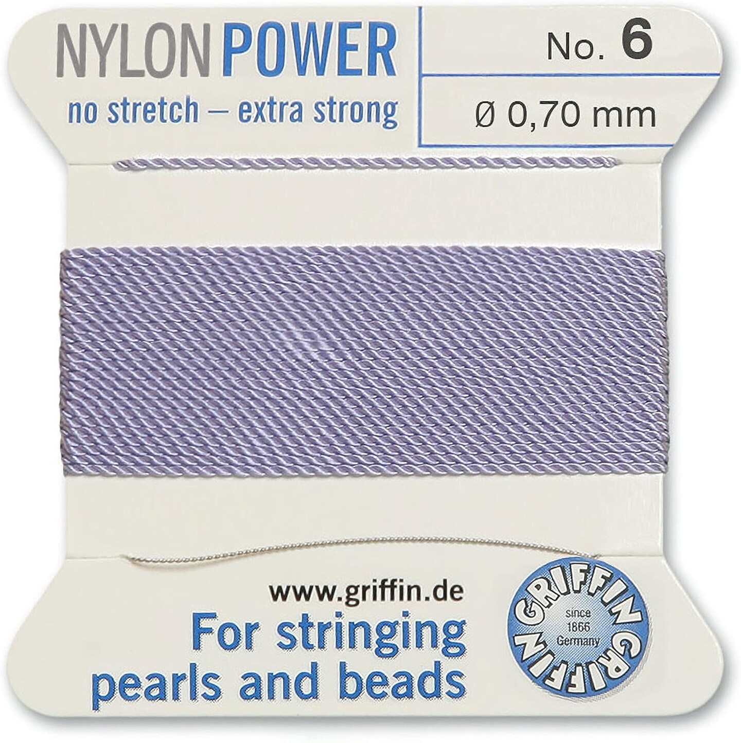 Griffin Nylon Bead Cord Perlseide – Size 6 (0.70mm) – 2 Meters per Card – Stainless Steel Needle Attached – for Knotting Pearls, Gemstones, Crystals and Beads