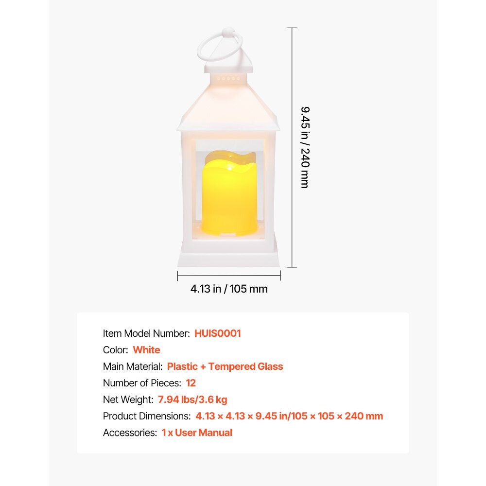 White Plastic & Glass LED Candle Lanterns Set of 12 with Flickering Lights