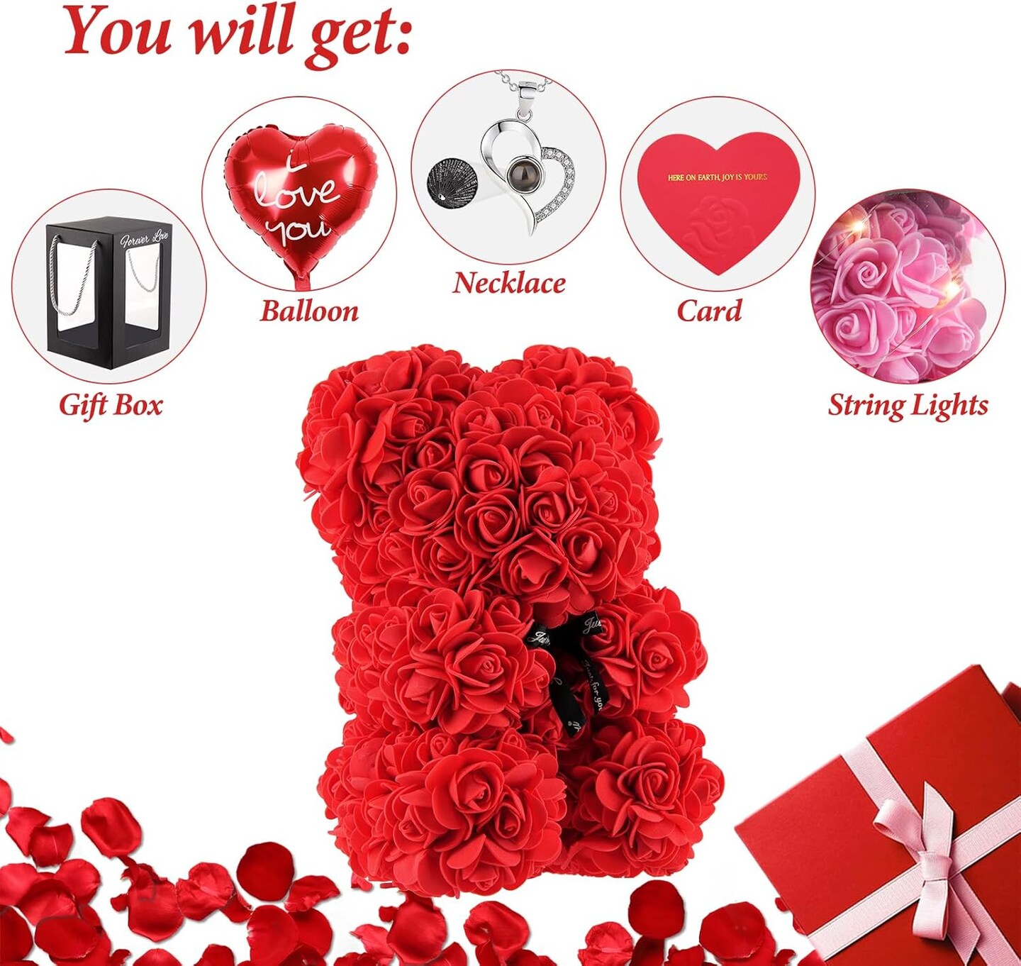 10” Red Rose Bear Teddy Bear with Lights Gift Set – I Love You Necklace, Card & Balloon
