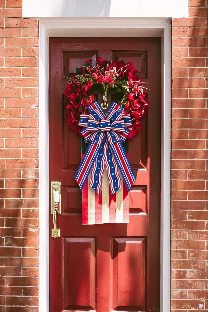 Large Patriotic Wreath Bow – Red White Blue Stars & Stripes Burlap Bow for Front Door, Memorial Day & 4th of July Tree Topper, Indoor Outdoor American Flag Holiday Decor