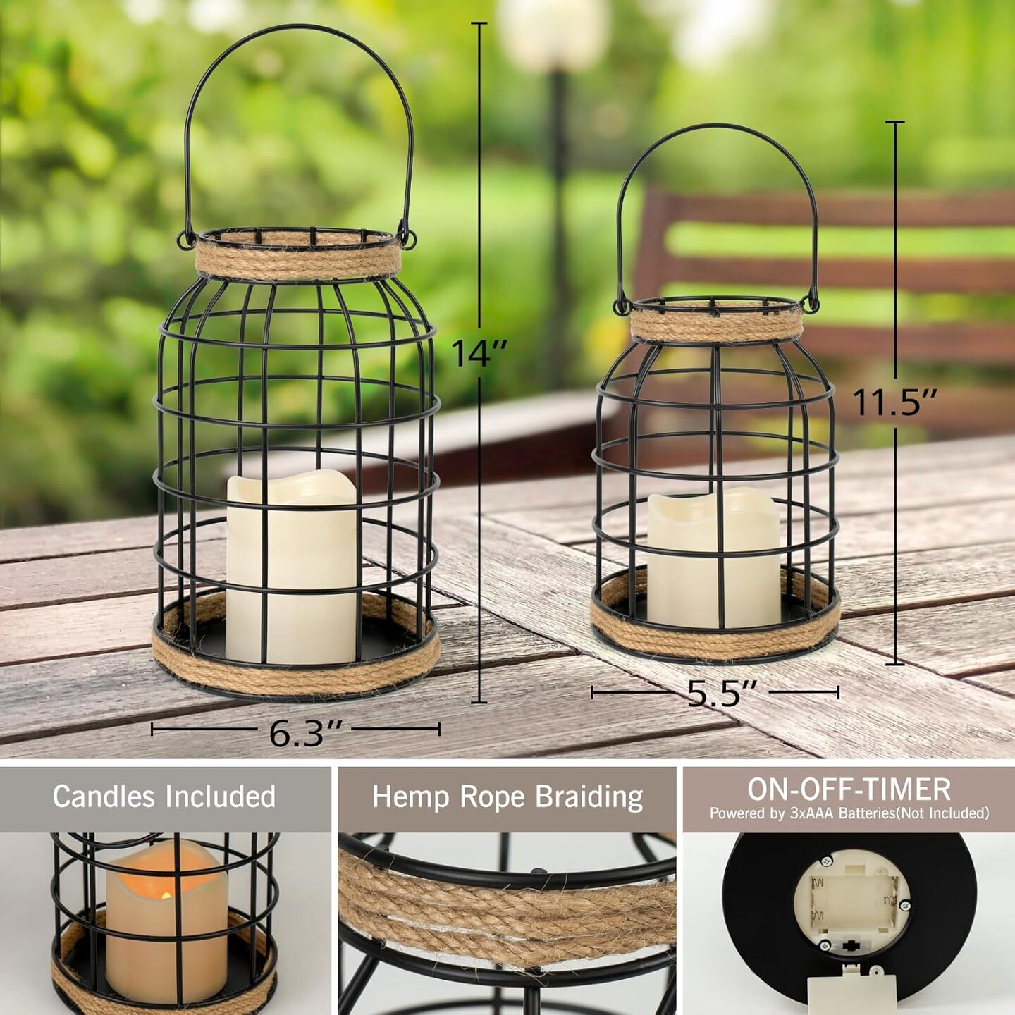 Farmhouse Lantern Set of 2 with LED Candles Rustic Boho Indoor Outdoor Table Decor