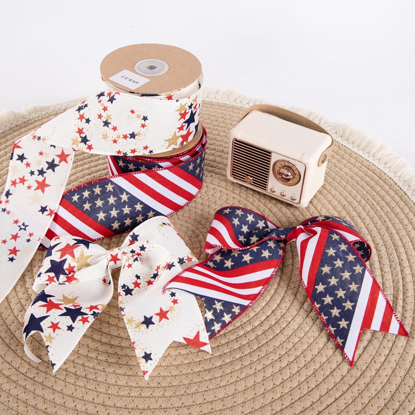 Patriotic Glitter Stars Wired Ribbon – 2.5" x 10 Yards Red, Navy, Blue & Gold Ribbon for 4th of July, Veterans Day, and Independence Day Decorations (Ivory)