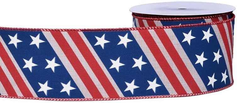2.5" Wired Patriotic Ribbon – 10 Yards Red, White & Blue American Flag Star Ribbon for 4th of July Wreaths, Gift Wrapping & DIY Crafts