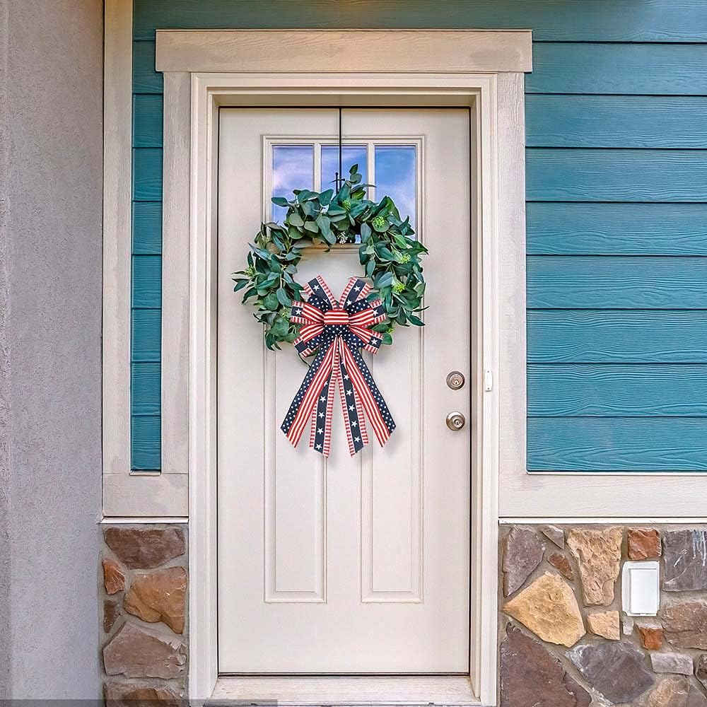 Large Patriotic Wreath Bow – Red, White & Blue Stars & Stripes Bow for Front Door, Memorial Day, 4th of July, Veterans Day, Indoor/Outdoor American Flag Holiday Decoration