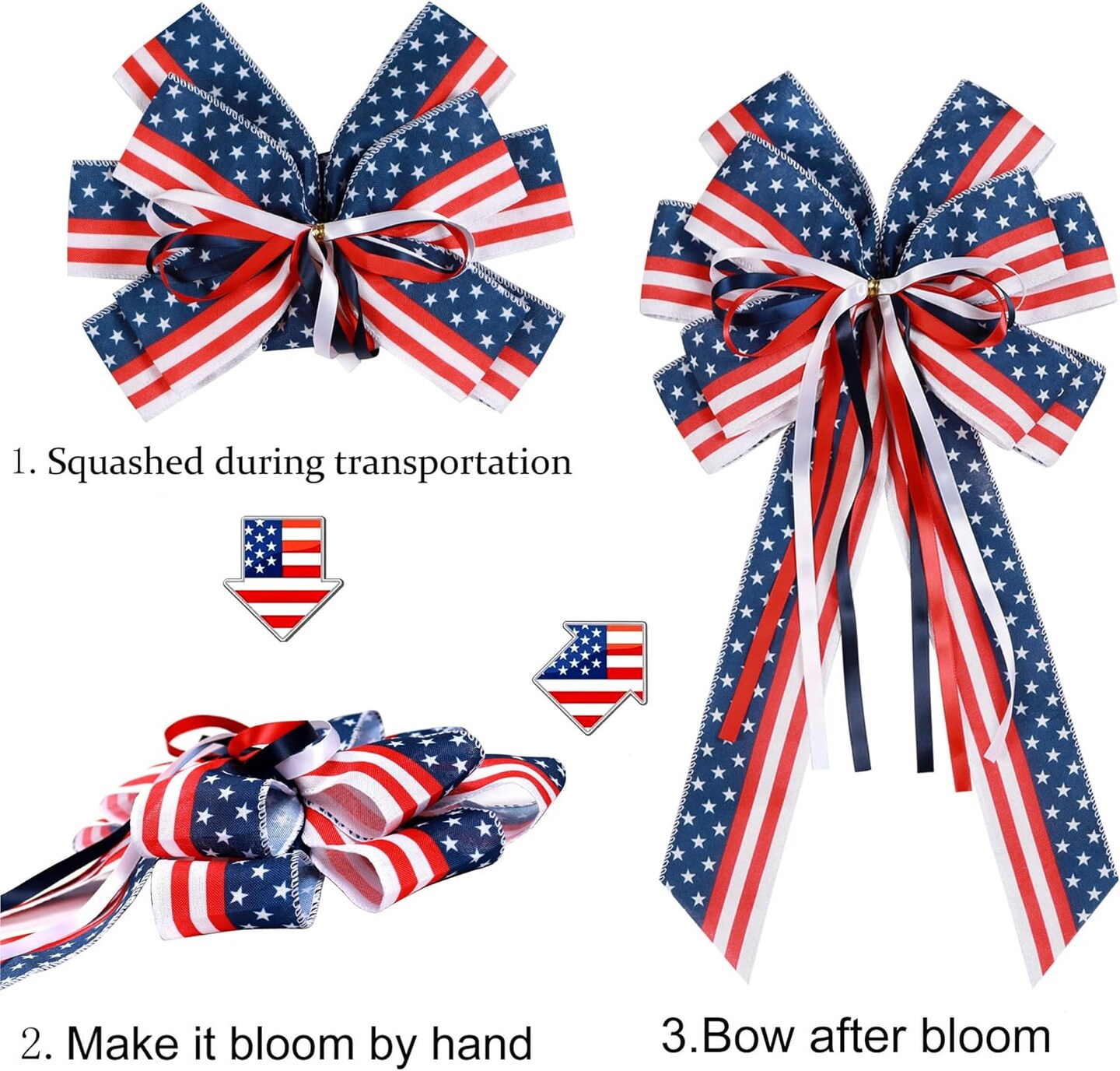 2 PCS Large Patriotic Wreath Bows – Red, White & Blue Stars and Stripes Ribbon Bows for 4th of July, Independence Day, Memorial Day, Veterans Day – American Flag Front Door Indoor & Outdoor Decorations