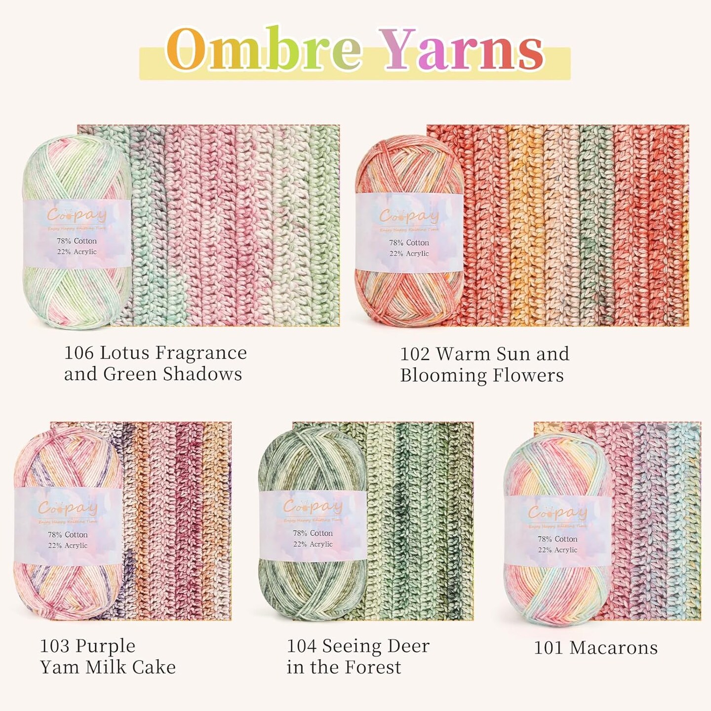 Gradient Ombre Yarn Cake Set – 4-Pack, 3.53oz / 284yds Each, 78% Cotton 22% Acrylic, #2 Thin Yarn for Crocheting & Knitting Blankets, Shawls, Scarves – Color Set 101