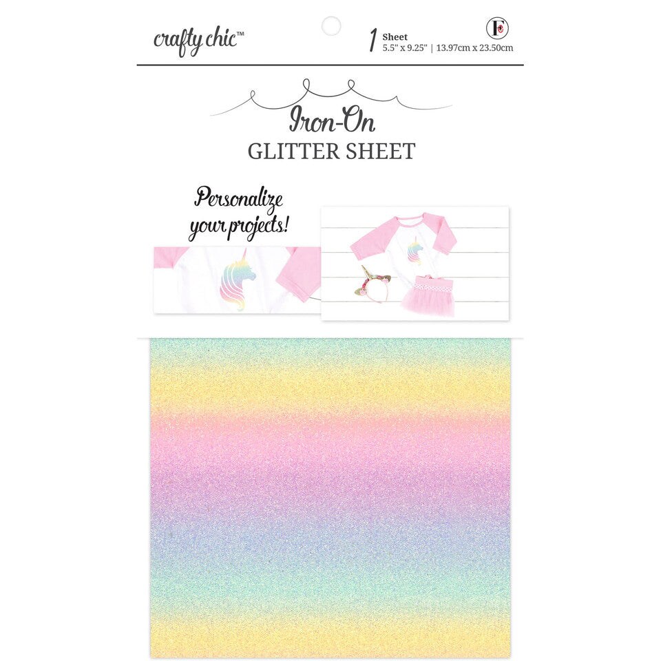 Crafty Chic Iron on Glitter Fabric Sheet Rainbow 5.5"x9.25" Pack of 3