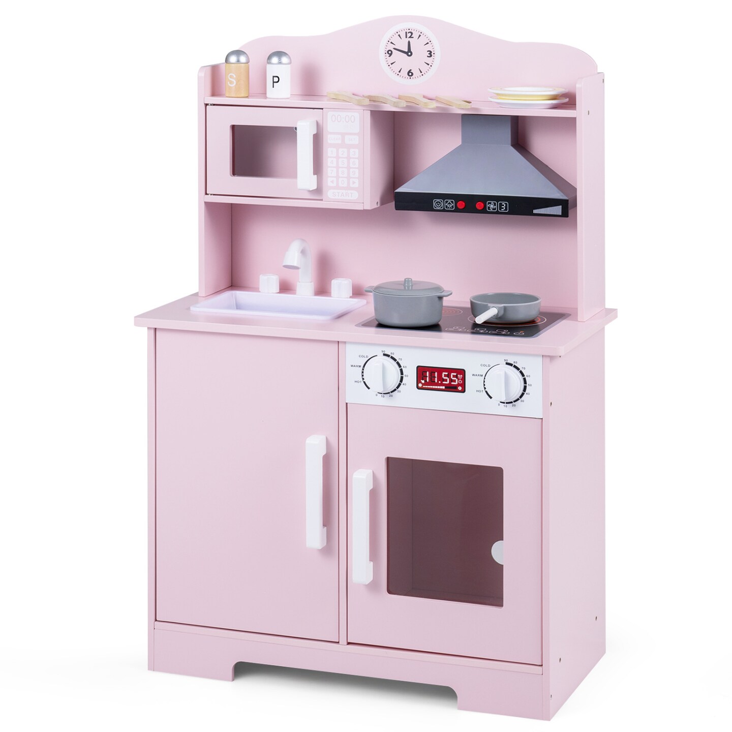 Wooden Play Kitchen for Kids with Sink, Oven, Microwave, Stovetop