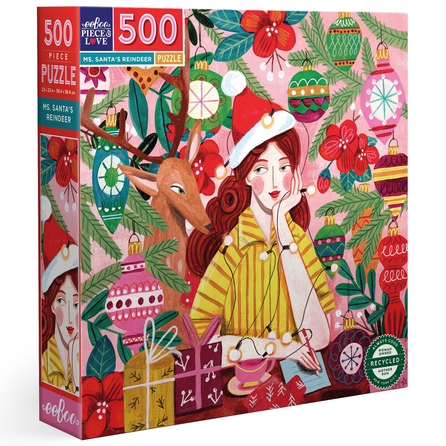 eeBoo Piece & Love: Ms. Santa's Reindeer - 500 Piece Puzzle - Adult Square Jigsaw, 23x23", Glossy High-Quality Pieces, Christmas Holiday Themed