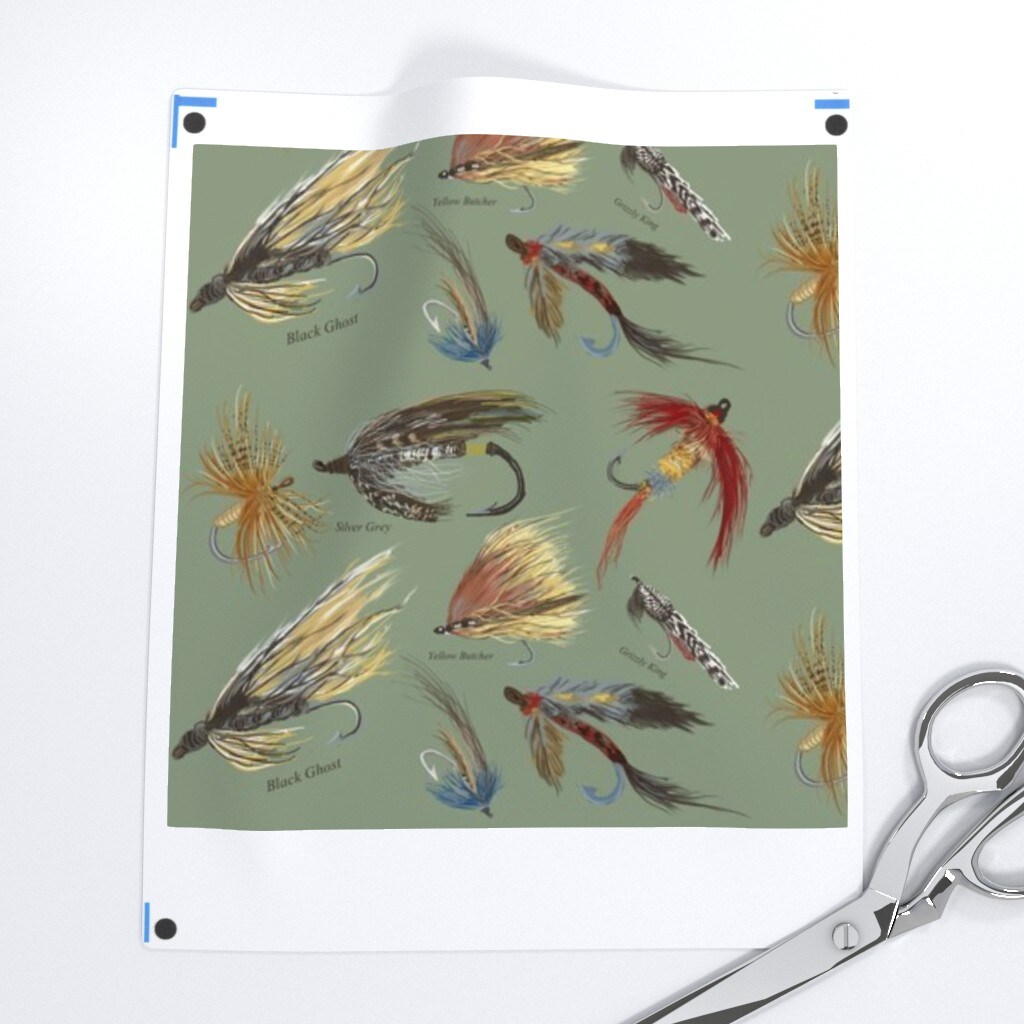Fly Fishing Lures Man Cave Outdoors Men Olive Green Neutral Vintage Hand Recreation Red Custom Printed Fabric by Spoonflower Various Fabrics by the Yard or Fat Quarter