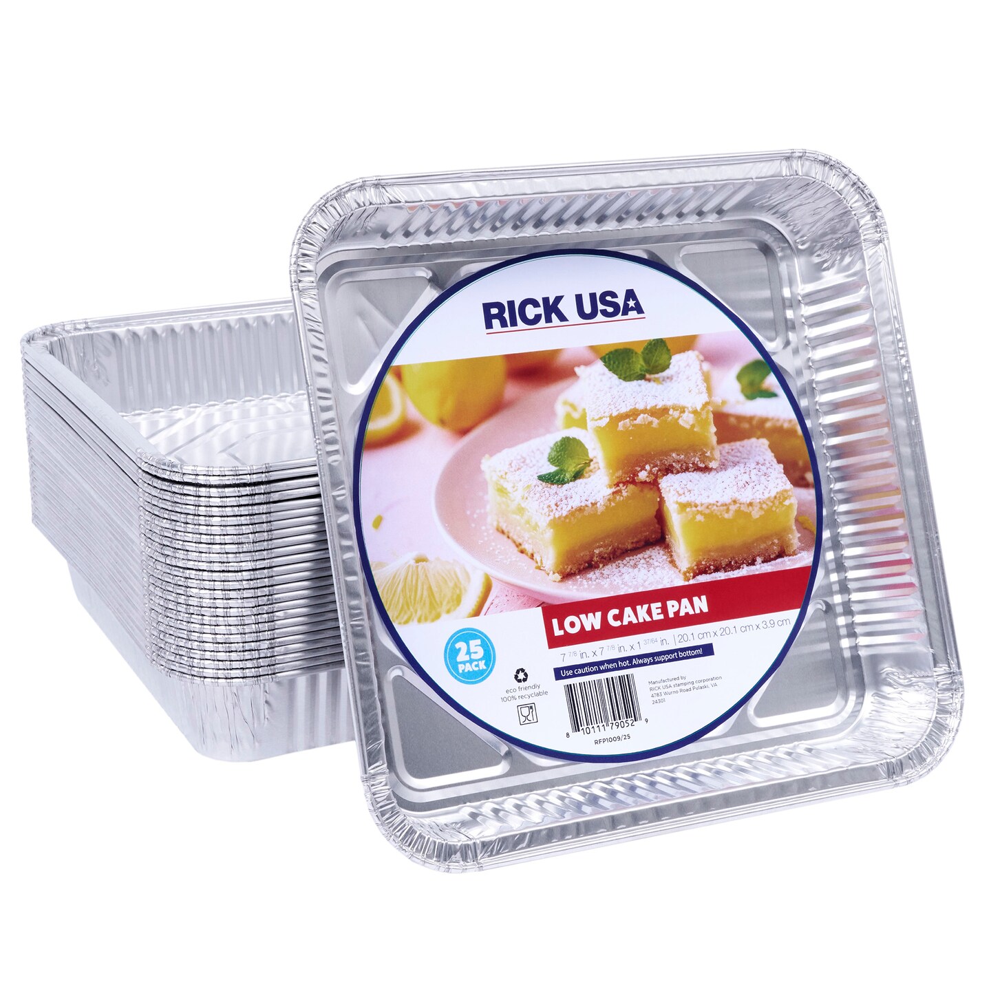 RICK USA: 8x8" Low Cake Pan - 25 Pack -Disposable Aluminum Foil, Multi-Purpose Baking-Cooking, Durable, Grill-Oven-Freezer-Dishwasher Safe, Recyclable