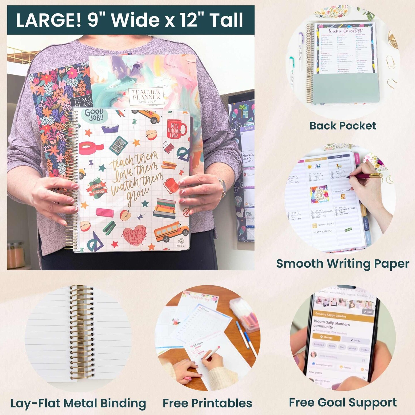 bloom daily planners 2026–2027 Teacher Planner, Bold & Bright – 7 Period Lesson Plan Book, 9" x 11", Interchangeable Cover