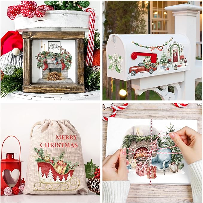 Transfers Classic Watercolor Santa Snowman Gnome Transfer Stickers Winter Floral Bird Furniture Decals for Home Office Paper Wood DIY Crafts, 5.9 x 5.9 Inch