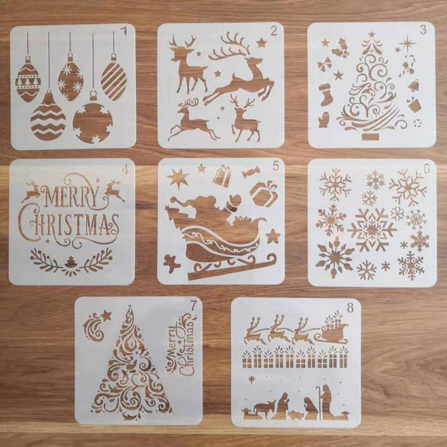 8 Pcs Christmas Stencils Template - Reusable Plastic Craft Stencils for Art Drawing Painting Spraying Window Glass Door Wood Journal Scrapbook Car Body Holiday Xmas Snowflake DIY Decoration 5x5 inch