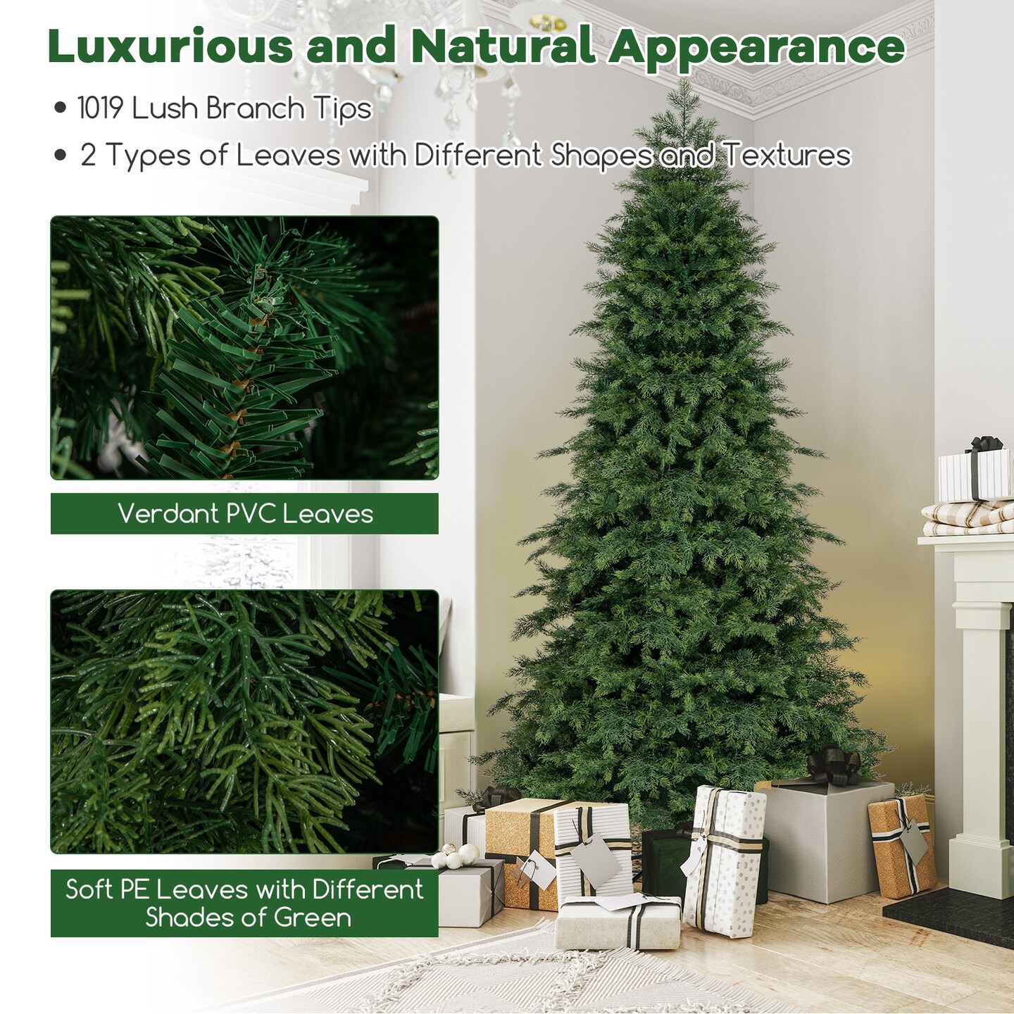 Artificial Christmas Tree Green Hinged Holiday Tree with 1019 Lush Branch Tips-7.5 ft