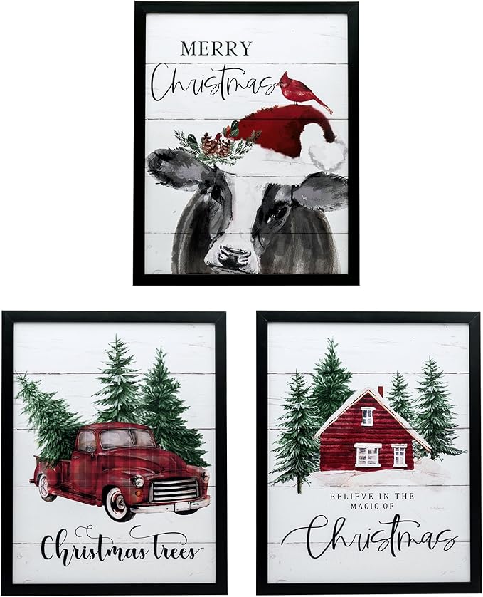 ArtbyHannah Framed Christmas Wall Art, Rustic Christmas Wall Decor, 3 ...