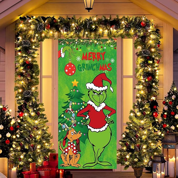 Grinchmas Christmas Decorations Christmas Decor MERRY GRINCHMAS Door Cover Xmas Porch Door Sign Welcome Banner for Indoor Outdoor Wall Home