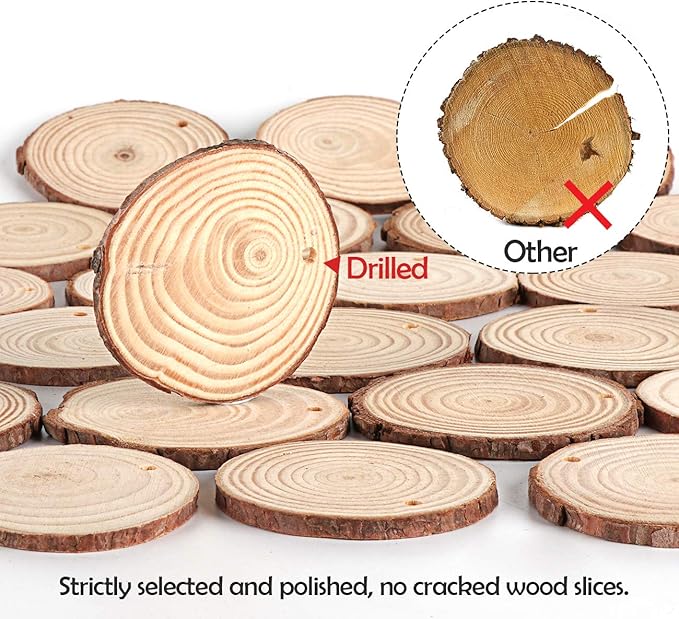 50Pcs Wood Slices 2.4&#x22;-2.8&#x22; Unfinished Natural Wood Rounds with Pre-drilled Hole and 66Feet Twine String, Wood Slices for Wood Burning Painting DIY Crafts Christmas Ornaments Party Wedding Decor