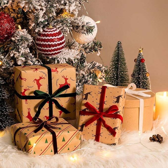 4 Colors Velvet Ribbon Set, 3/8" x 40Yard Premium Velvet Ribbon for Gift Wrapping, Christmas Velvet Ribbon Christmas Tree Velvet Ornaments Handmade Crafts Bow Making(Red,Green,White,Brown)