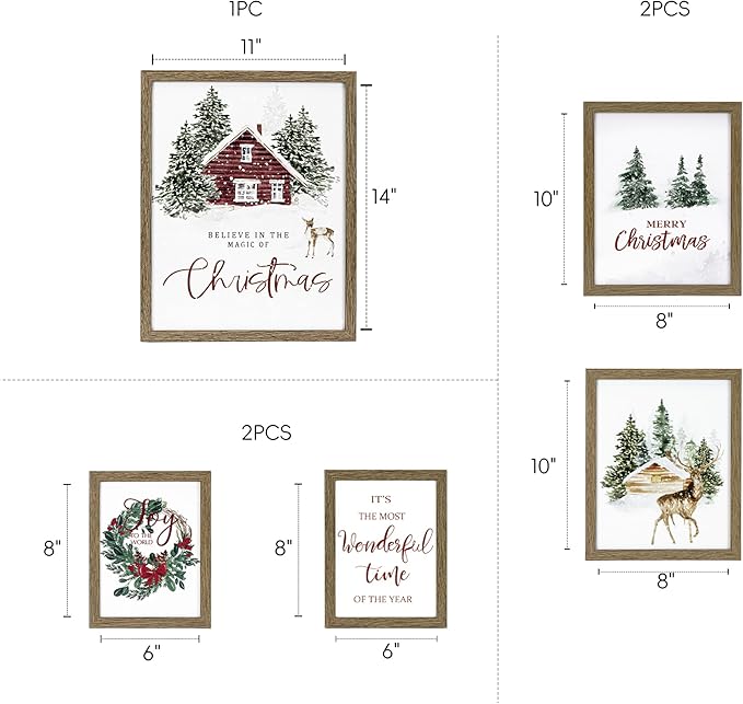 Christmas Wall Art, Framed Wall Art with Christmas Winter Forest Decorative Prints, 5 Pack Christmas Pictures Wall Decor for Living Room, Bedroom as Christmas Decorations