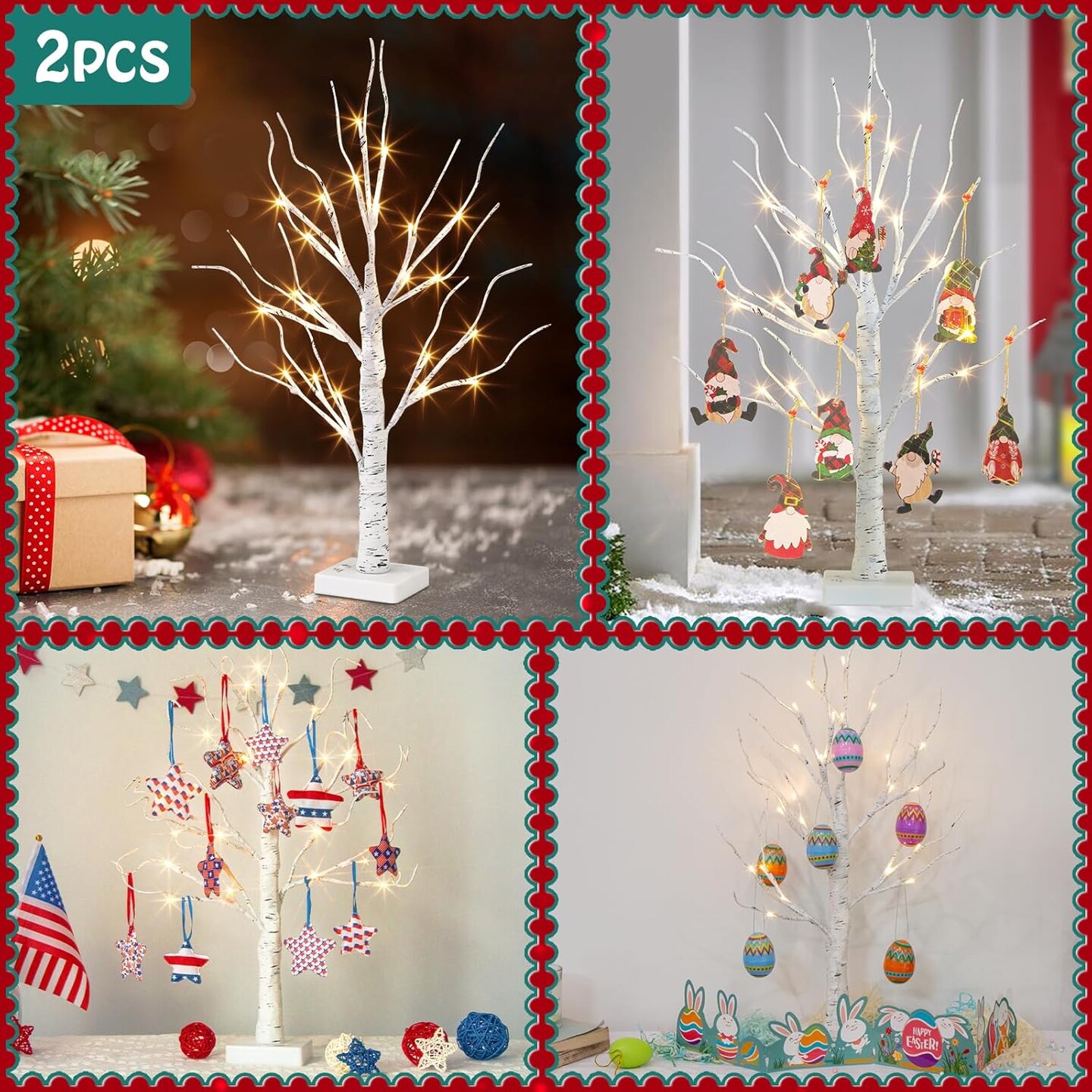 White Birch Tree with LED Lights - Set of 2, LED Tabletop Tree with Timer, Christmas Decorations Lighted Tree for Indoor Mantel Home Decor (2 FT, 24 LED)